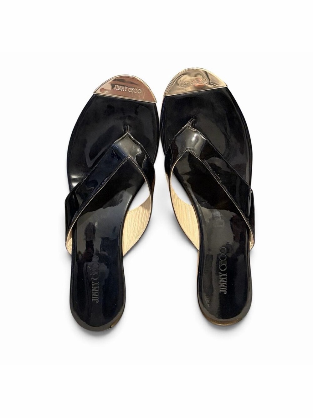 Jimmy Choo Pathos Black Patent Leather Cork Wedge Thong Sandals Size 37.5 w/COA
